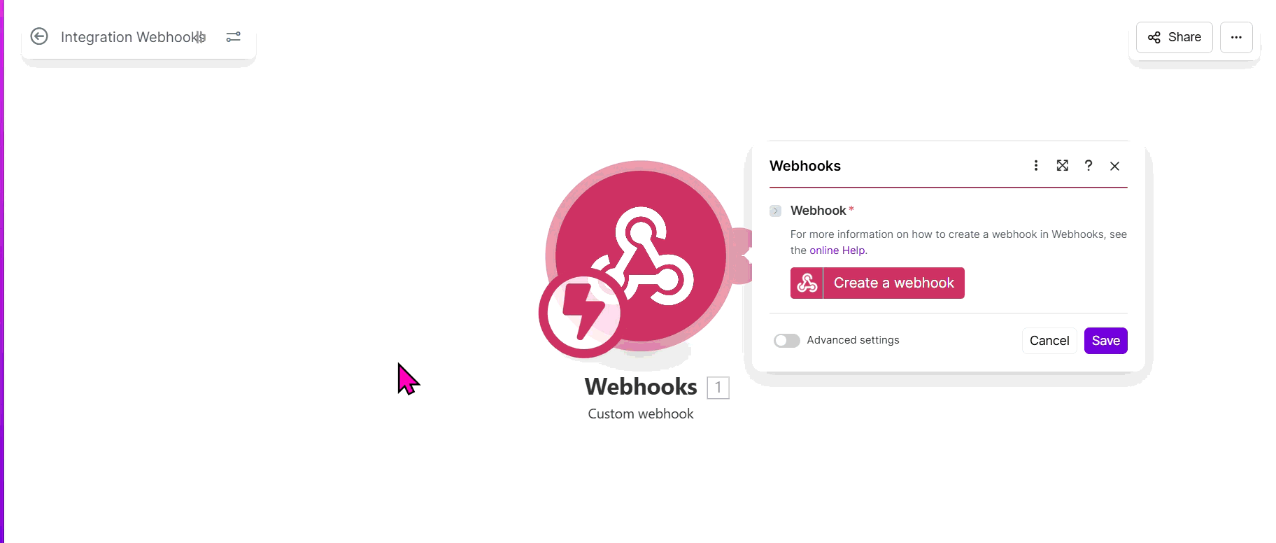 Copying the generated webhook URL to the clipboard