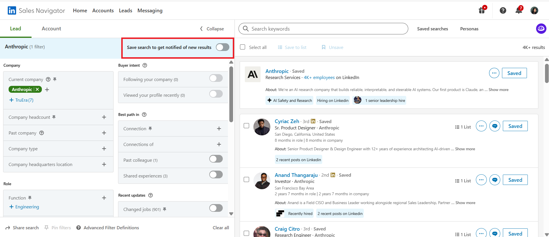 A Sales Navigator lead search with the Save search toggle highlighted above the filters