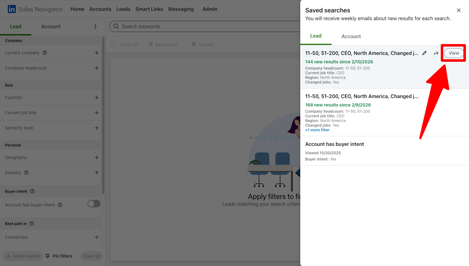The Saved searches panel listing saved lead searches, with the View button highlighted