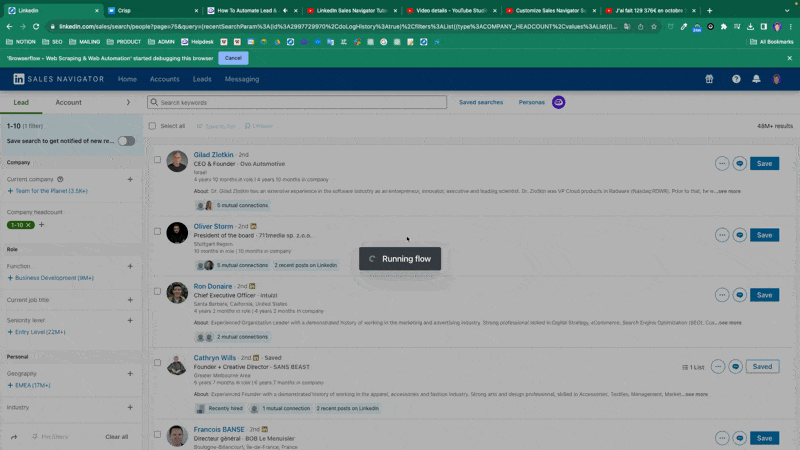 Animation of search results being bulk-selected into a Sales Navigator list automatically with Browser Flow
