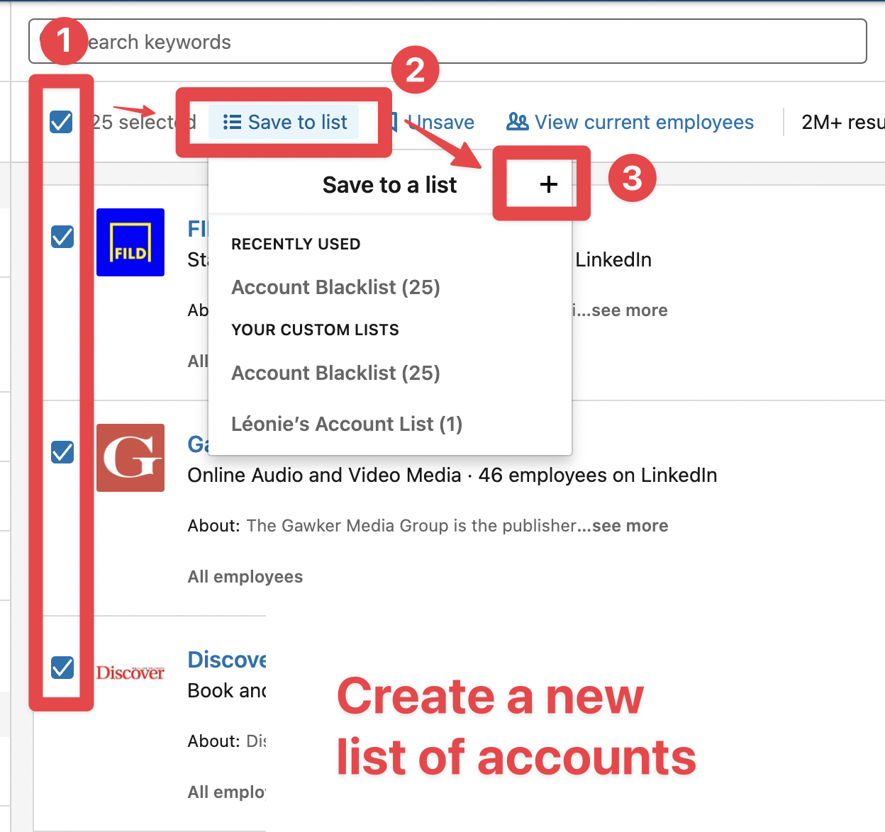 A Sales Navigator account search with accounts selected, the Save to list button and the + button to create a new list highlighted