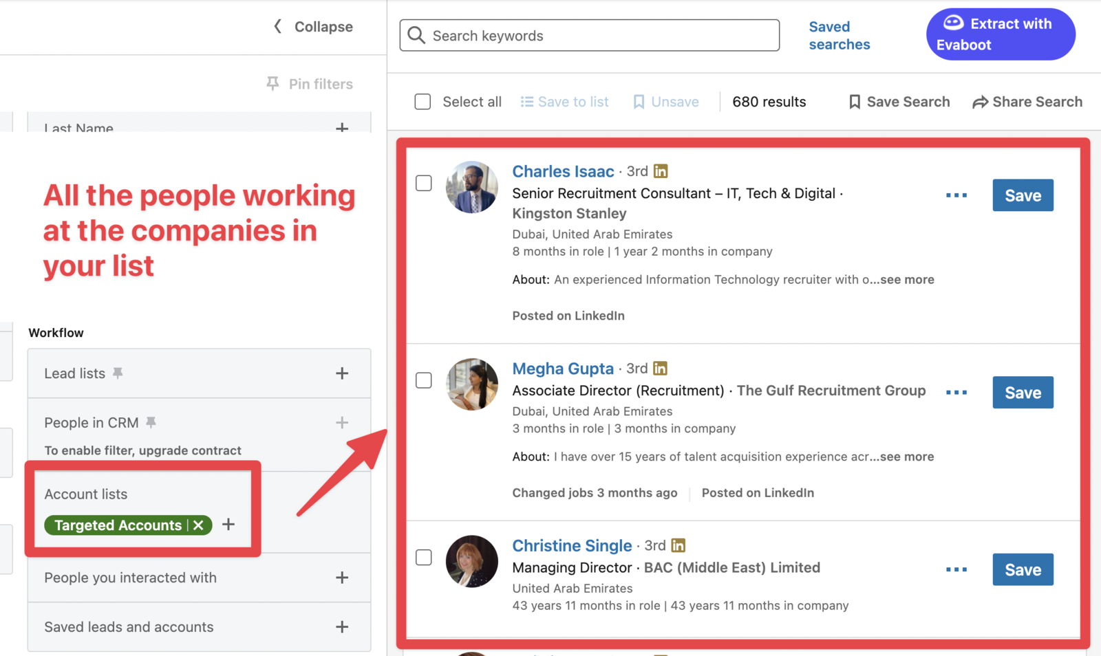 Lead search results showing all the people working at the companies in the included account list