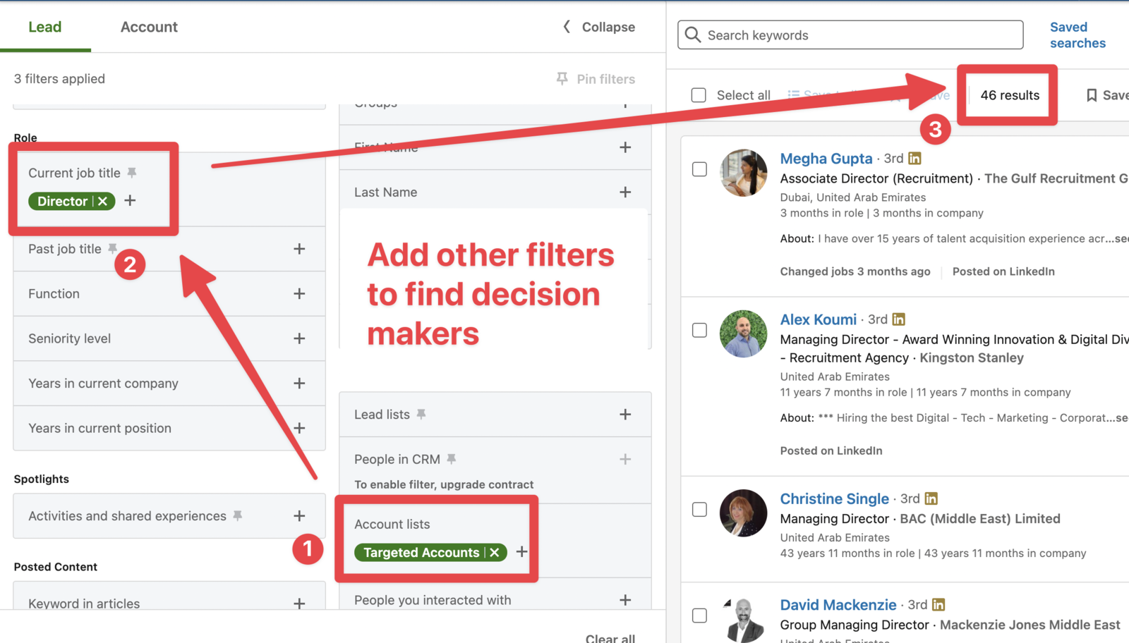 The Current job title filter set to Director, narrowing the lead search to a short list of decision-makers