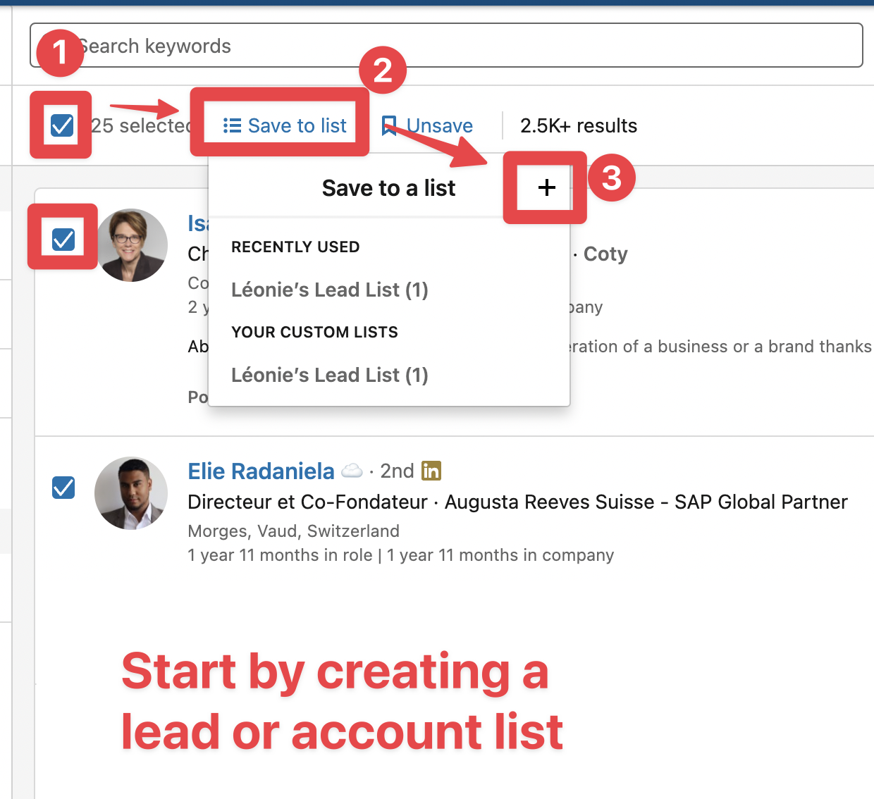 A Sales Navigator lead search with a page of leads selected, the Save to list button and the + button to create a new list highlighted