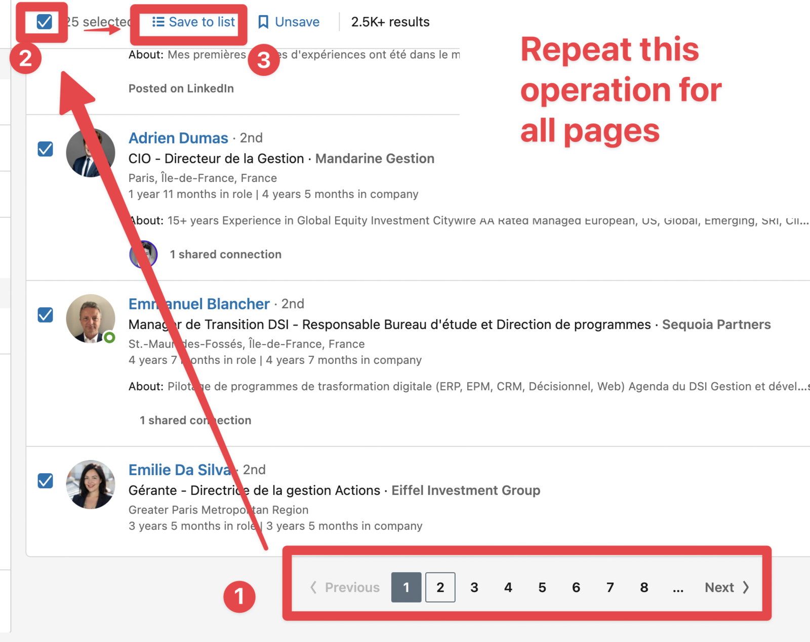 Selected leads being saved to the list, with the pagination bar highlighted and a reminder to repeat the operation for all pages