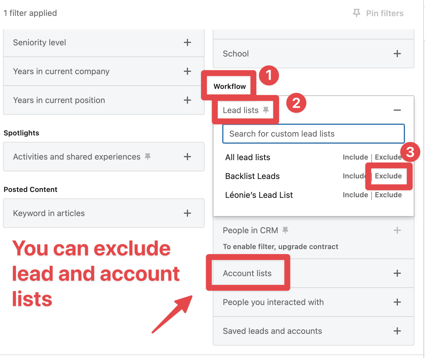 The Workflow filter section with Lead lists expanded and the Exclude option highlighted next to a list
