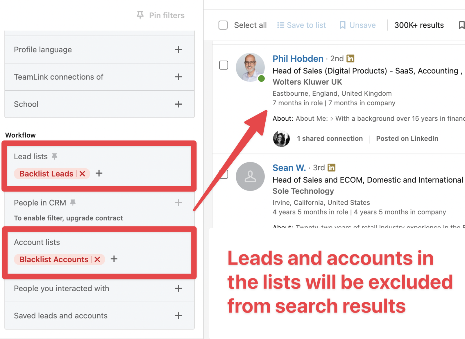 A lead search with an excluded lead list and an excluded account list applied in the Workflow filters