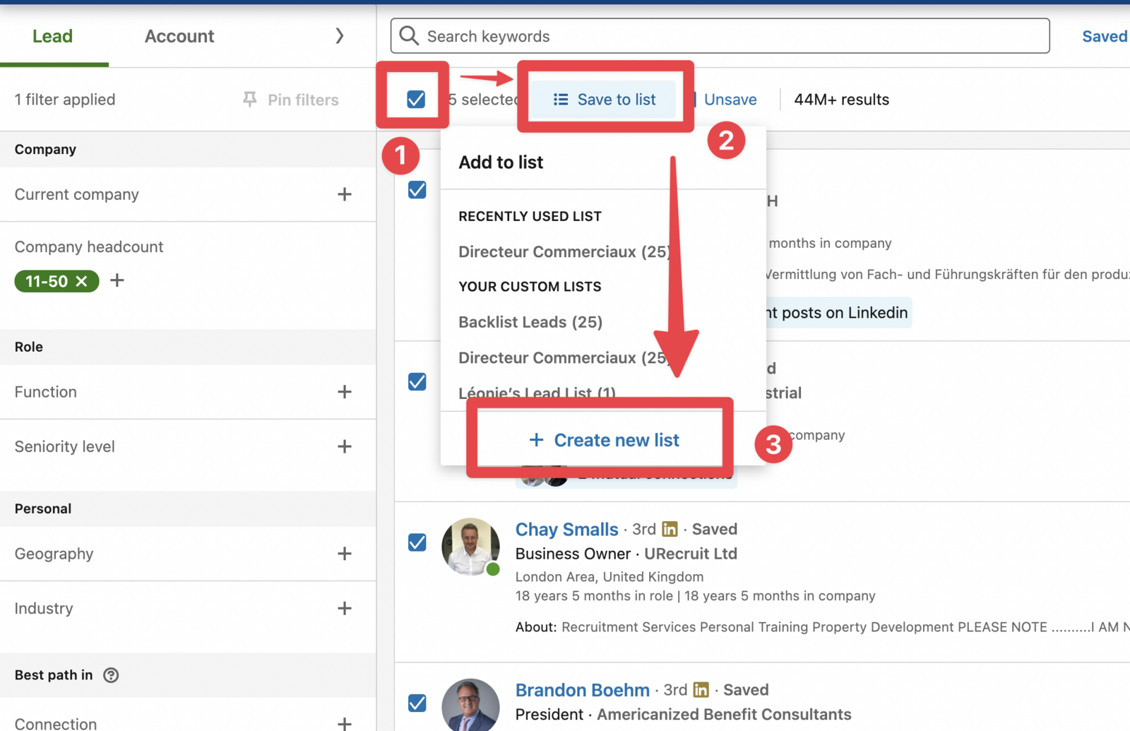 A Sales Navigator lead search with leads selected, the Save to list button and the Create new list option highlighted