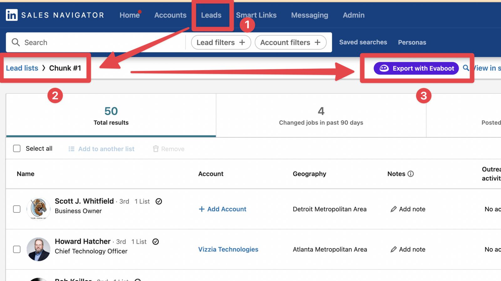 A Sales Navigator lead list open under Lead lists, with the Export with Evaboot button highlighted