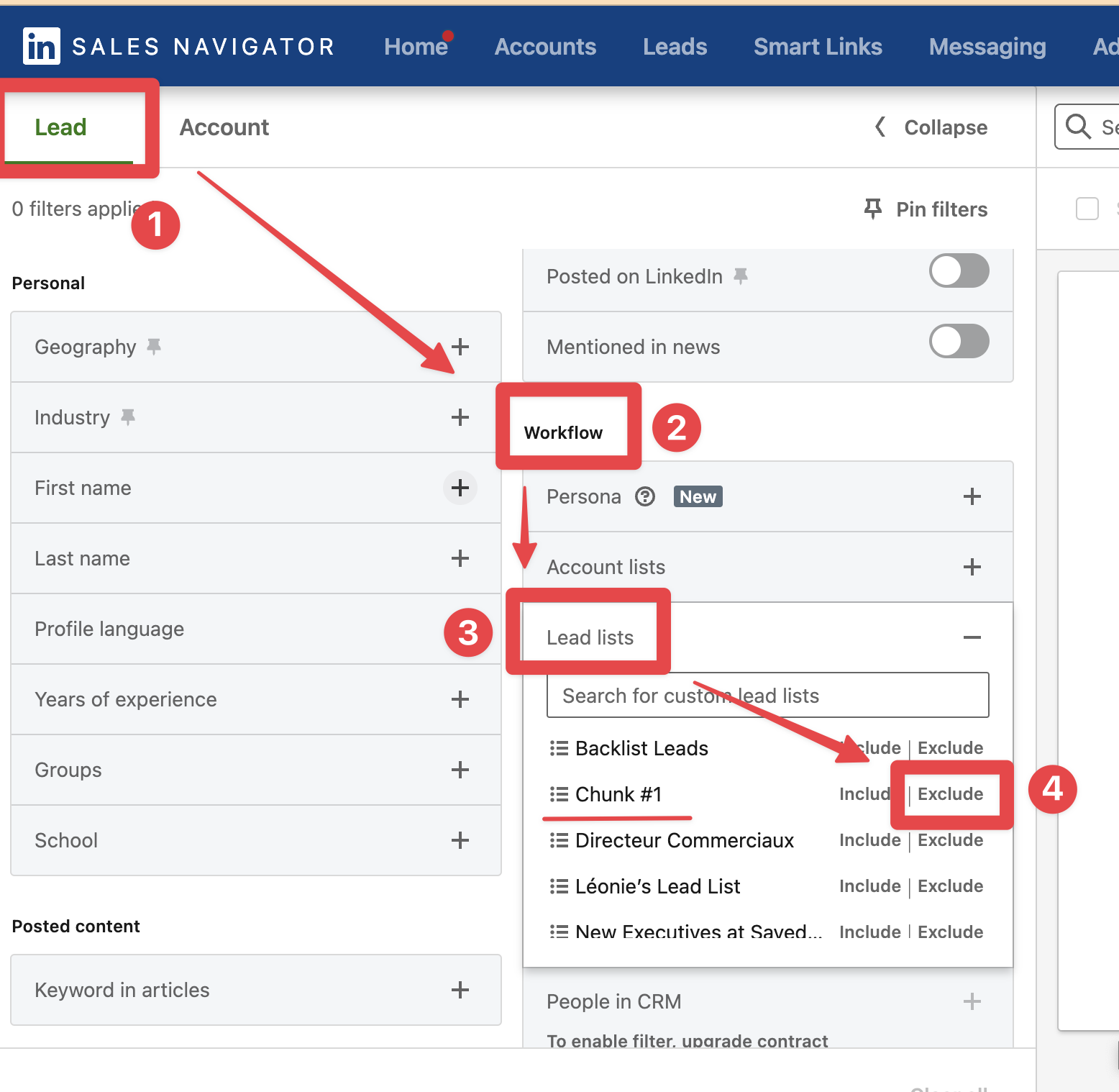 The Workflow filter section with Lead lists expanded and Exclude highlighted next to the list built from the search