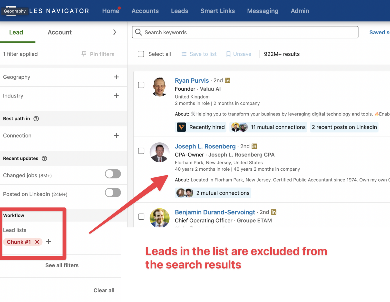 The lead search with the list excluded in the Workflow filters, showing results without the leads already saved to the list