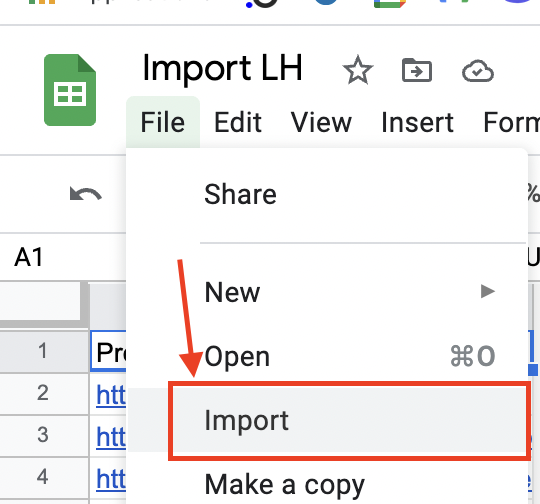 The File menu open in Google Sheets with Import highlighted