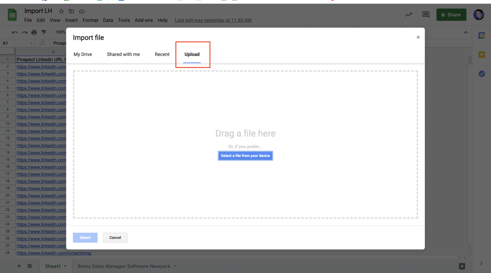 The Google Sheets import dialog on the Upload tab