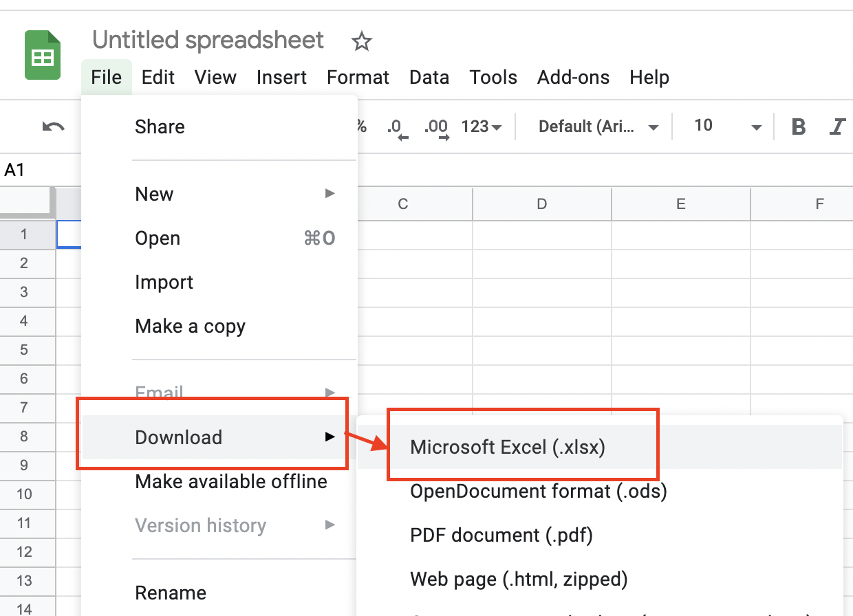 The Google Sheets download menu with Microsoft Excel selected