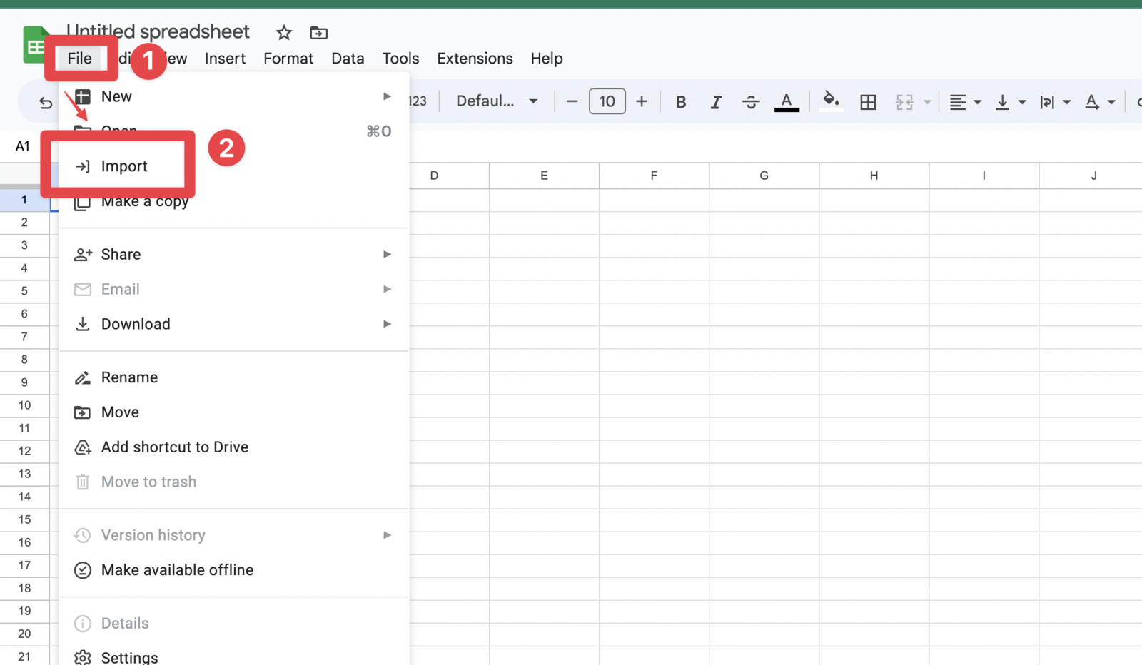 The Google Sheets import dialog on the Upload tab