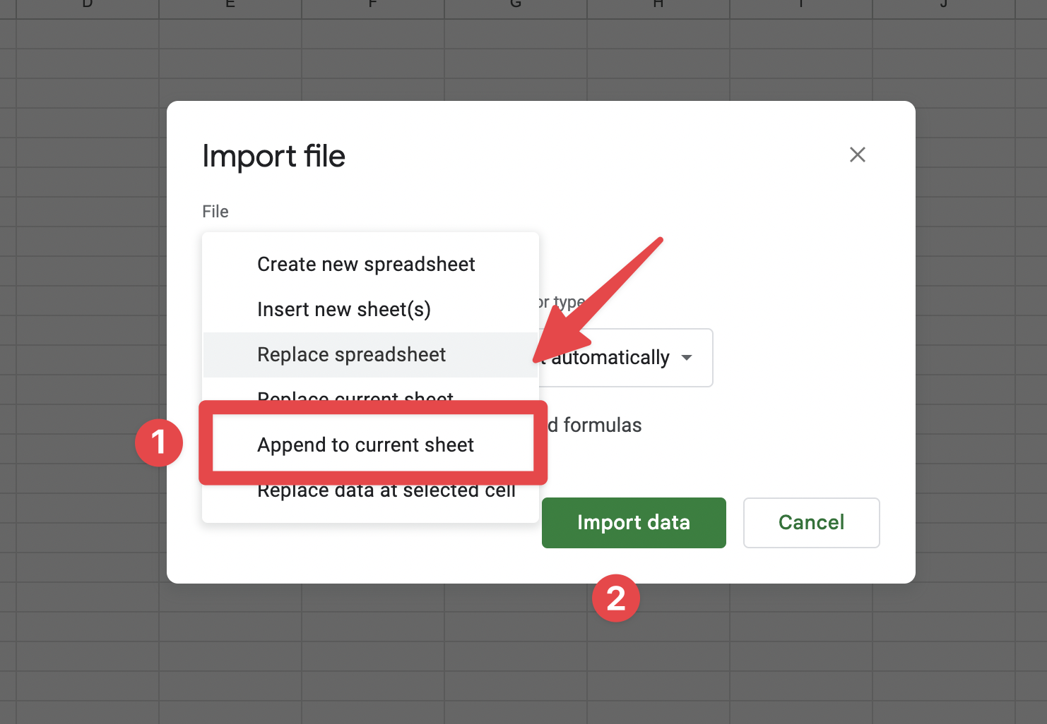 The import options with Append to current sheet selected and the Import data button