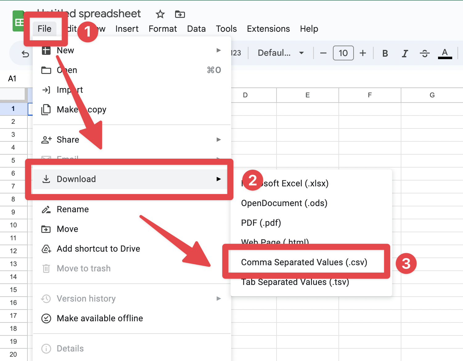 The File Download menu with CSV selected