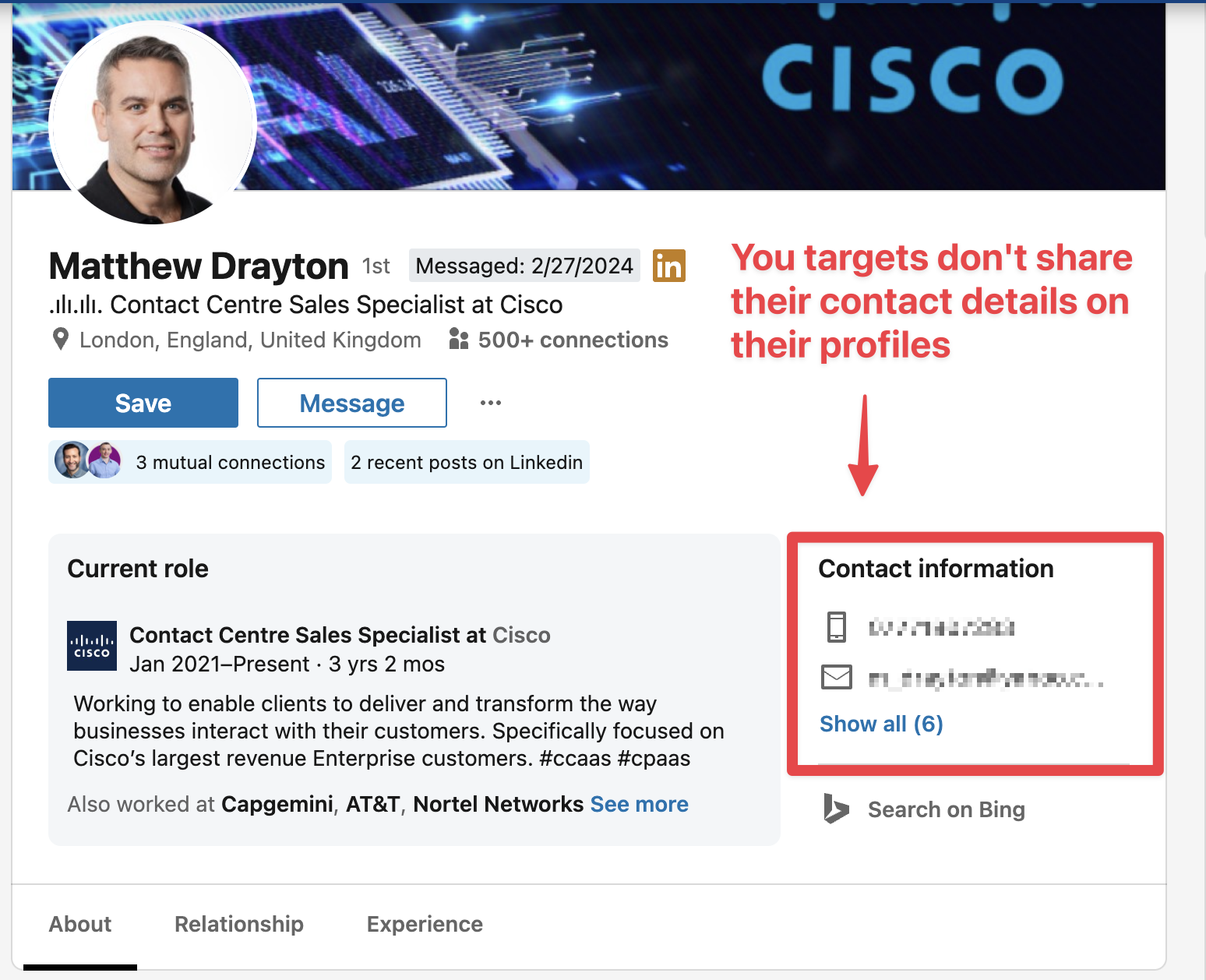 A LinkedIn profile whose contact information panel shows no shared email address