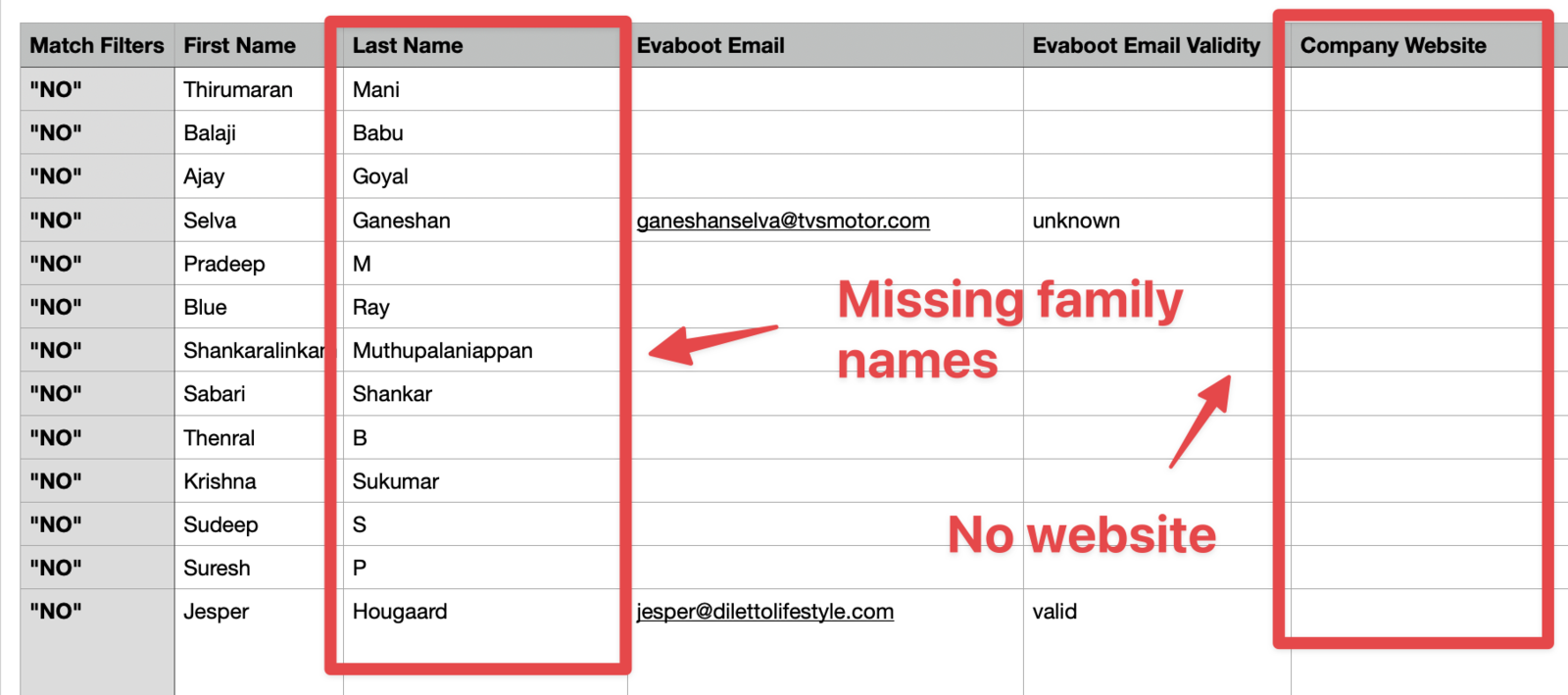 An export file with missing family names and empty company-website columns highlighted