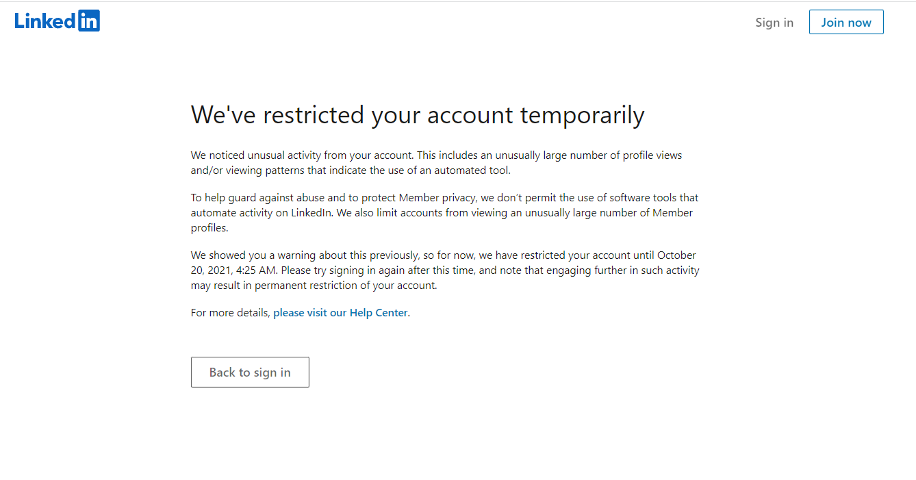 The LinkedIn restriction message shown when an account is temporarily restricted