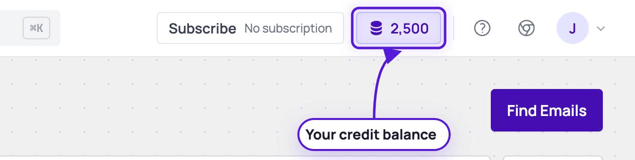 The top bar of the dashboard, with the credit balance highlighted