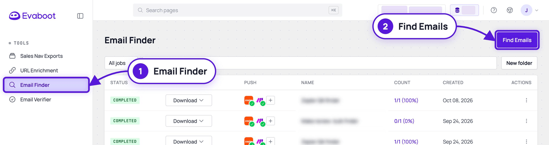 The Email Finder page with Email Finder highlighted in the left menu and the Find Emails button highlighted at the top right