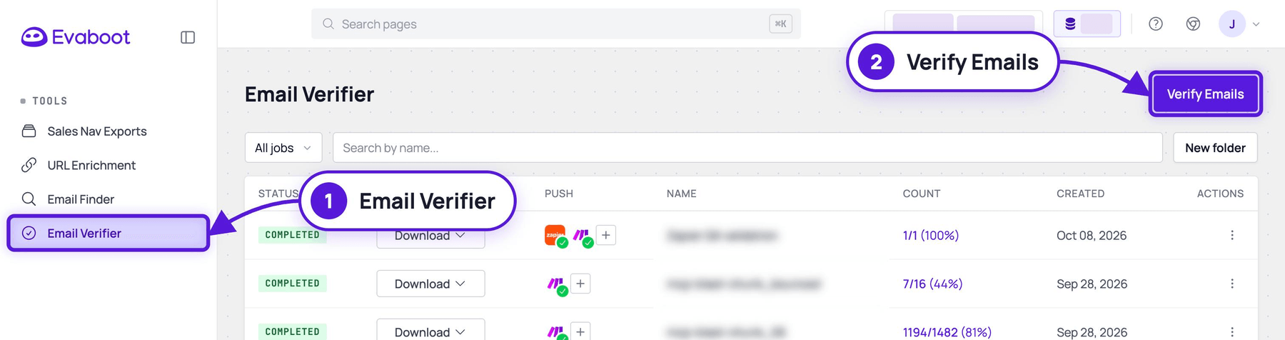 The Email Verifier page with Email Verifier highlighted in the left menu and the Verify Emails button highlighted at the top right