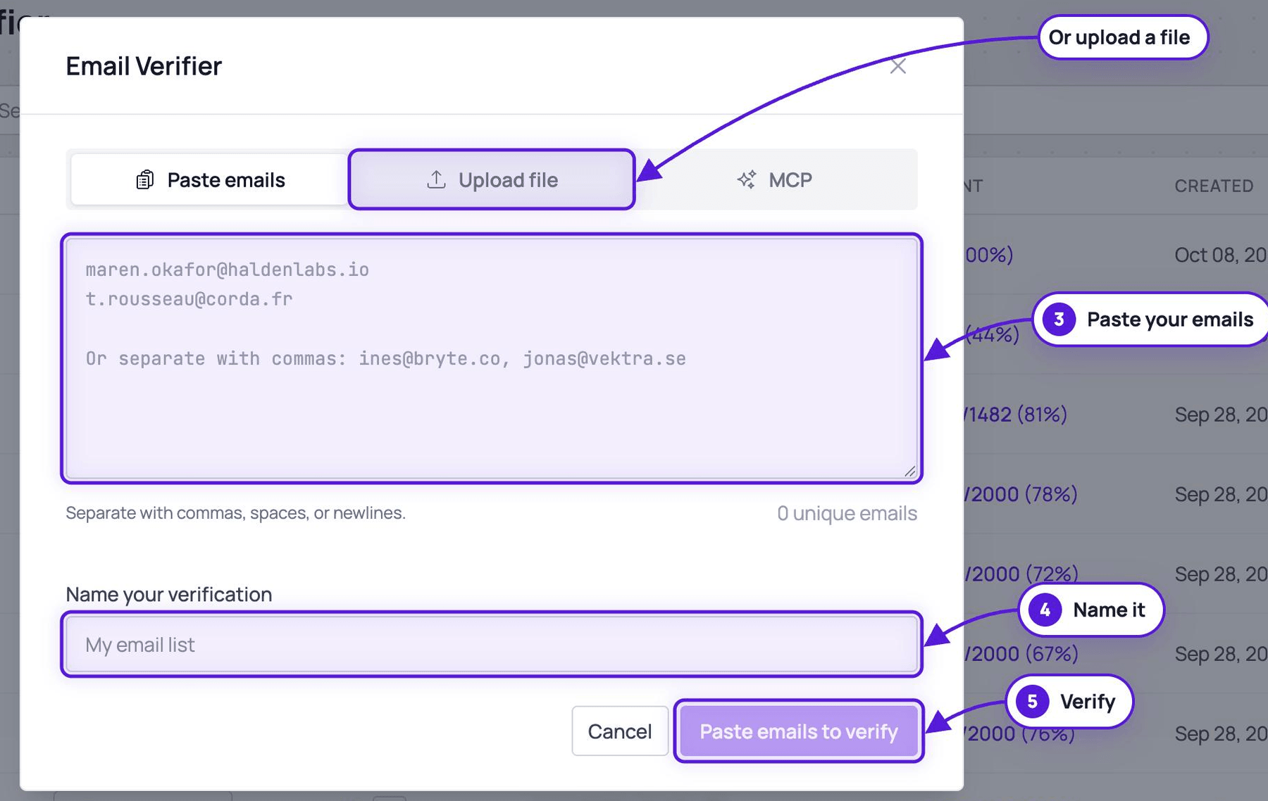 The Email Verifier window: the paste box, the Upload file tab, the name field and the verify button, each highlighted