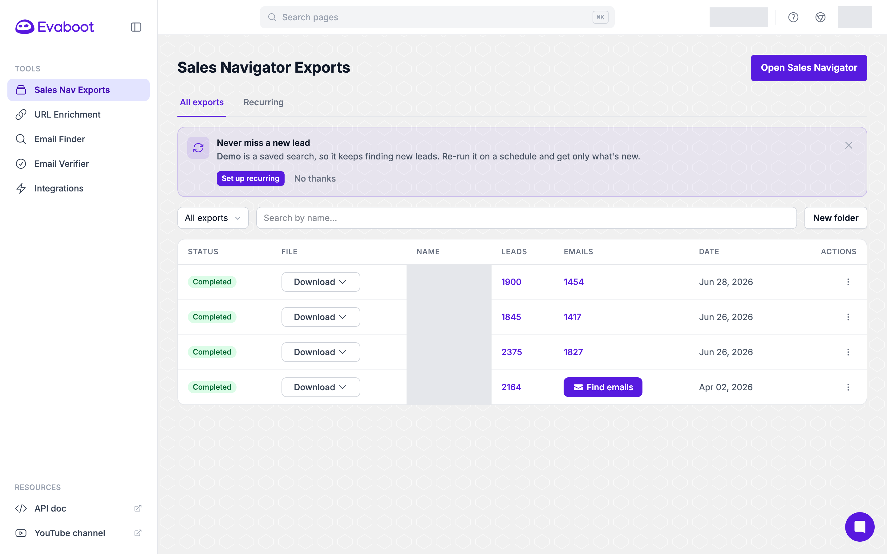 The exports list showing finished exports with their lead and email counts and a Download menu on each row