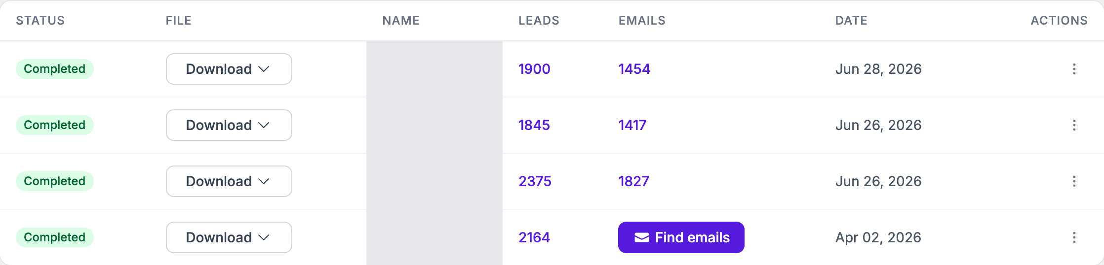 The Evaboot exports list showing status, download button, lead and email counts, and date for each export