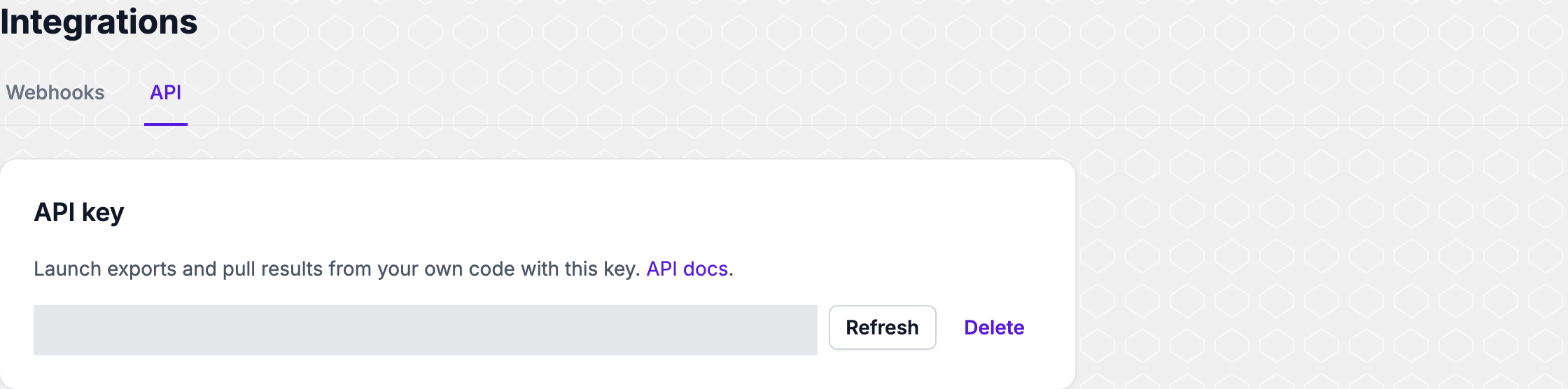The API tab of the Integrations page with the API key field and the Refresh and Delete buttons