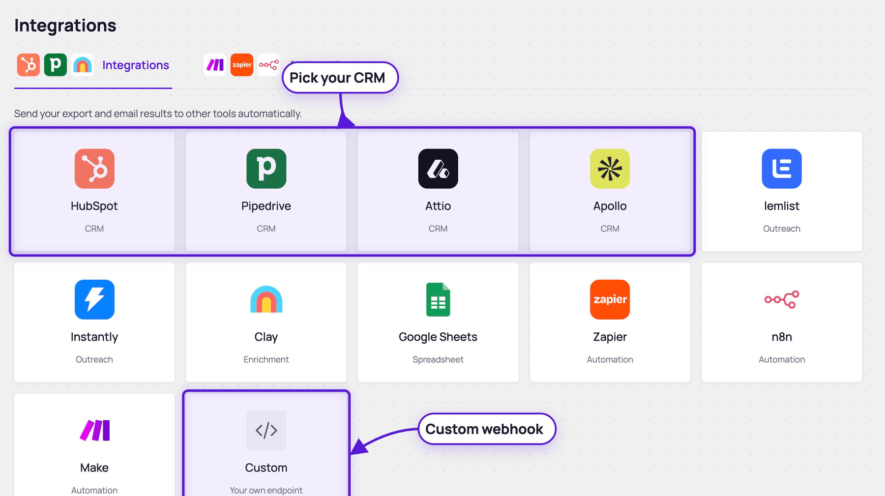 The Integrations page with the HubSpot, Pipedrive, Attio and Apollo cards highlighted, and the Custom card highlighted for your own webhook