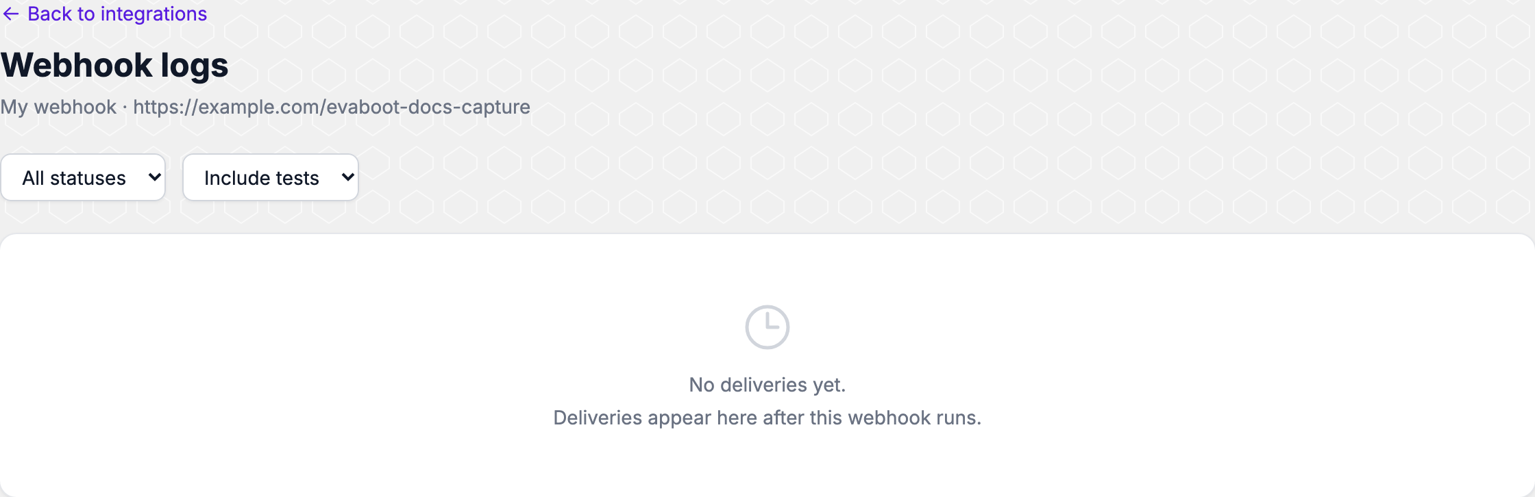 The webhook logs page with delivery status filters