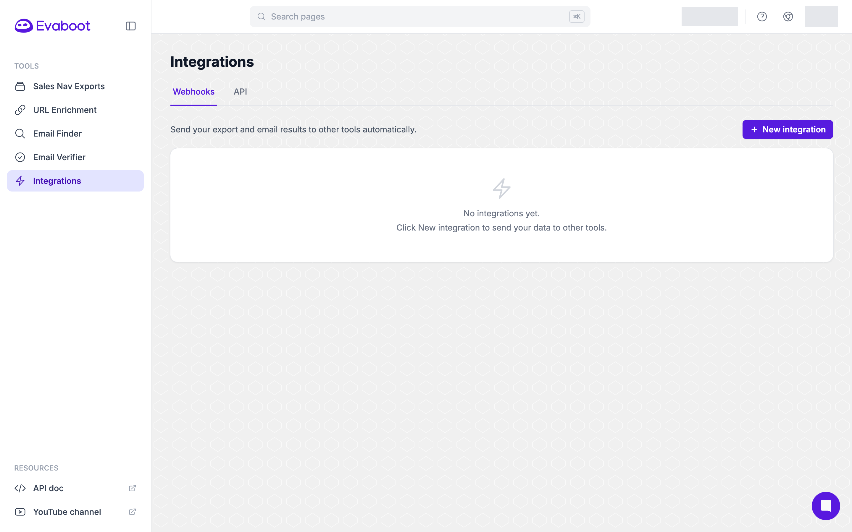 The Integrations page with the Webhooks and API tabs and the New integration button