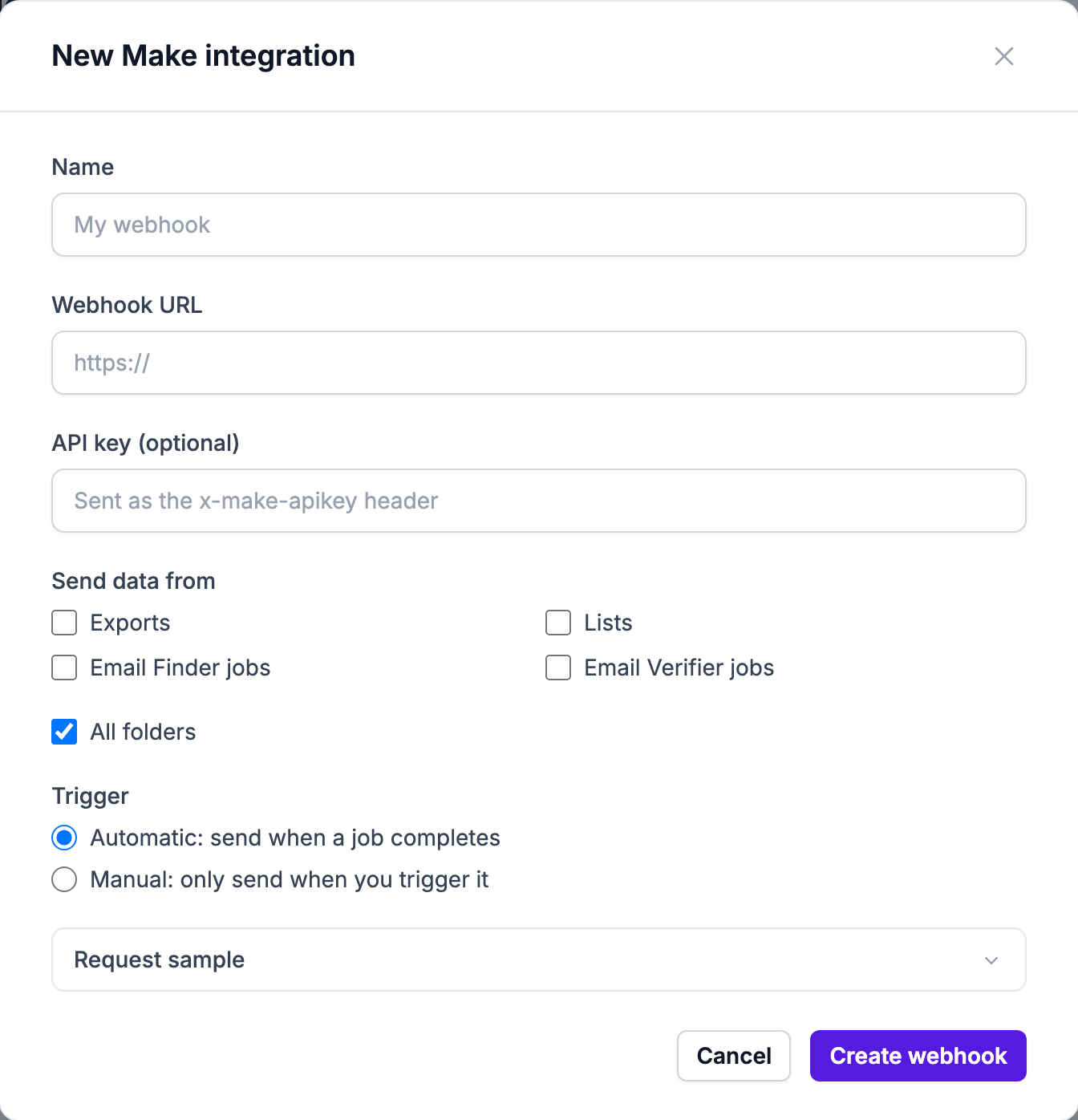 The New Make integration form with the webhook URL and optional API key fields