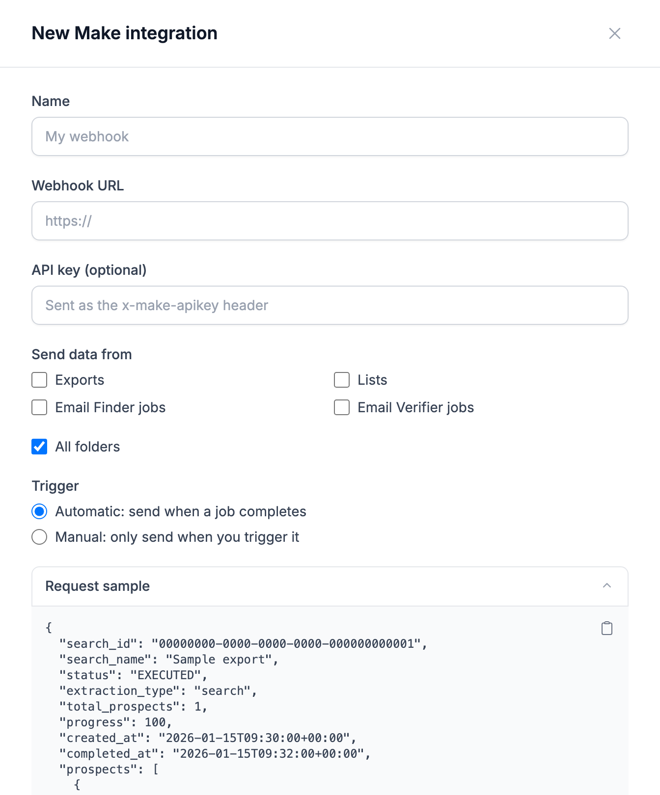 The Make integration form with the Request sample payload expanded