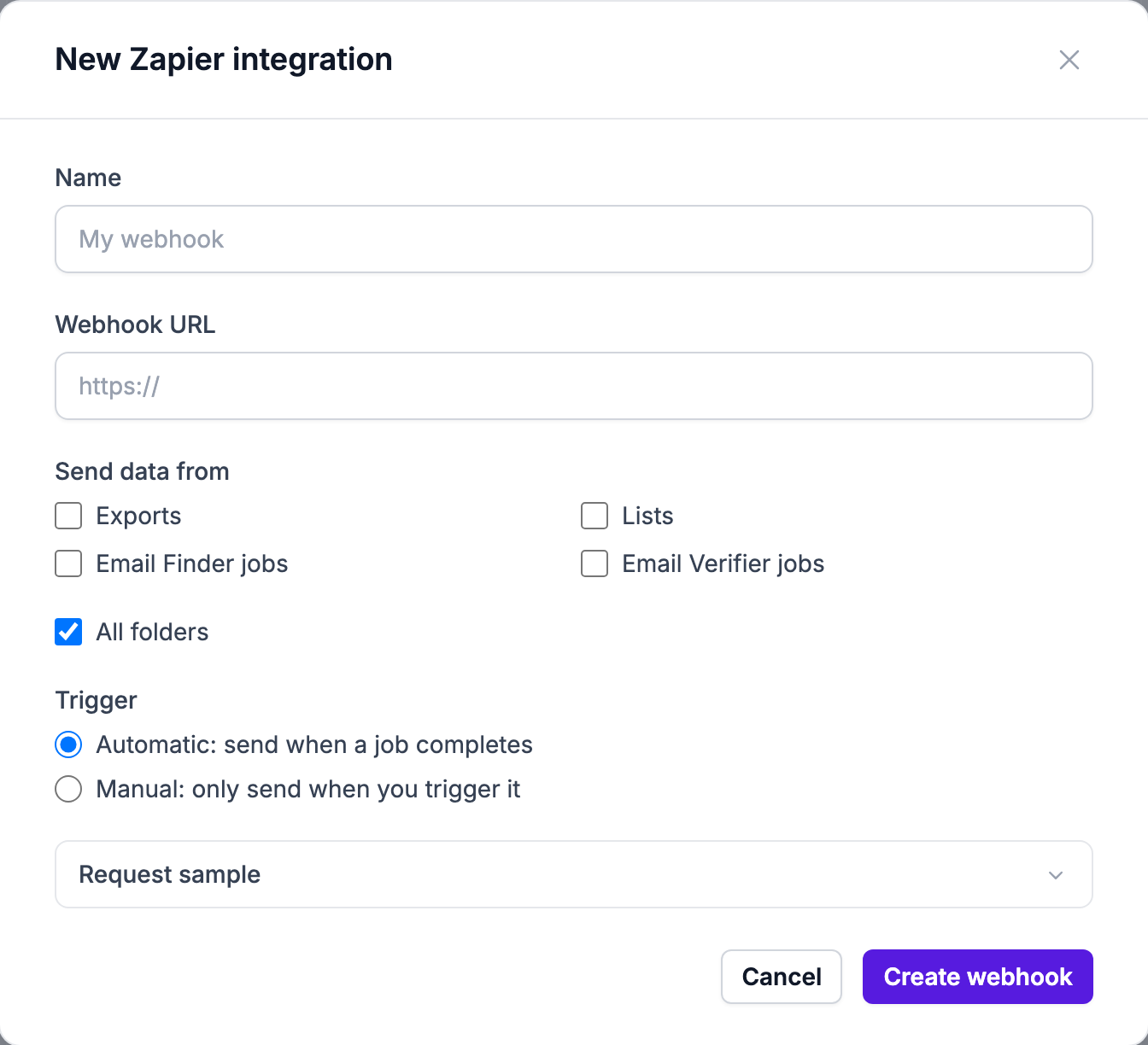 The New Zapier integration form with the webhook URL field