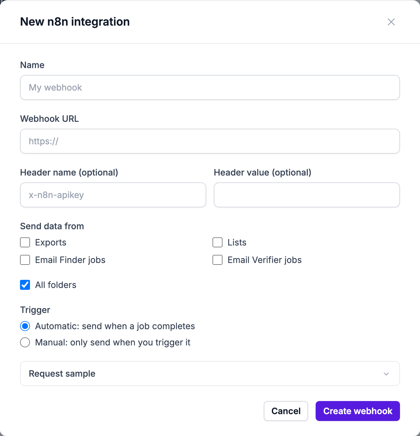 The New n8n integration form with the webhook URL and optional header fields