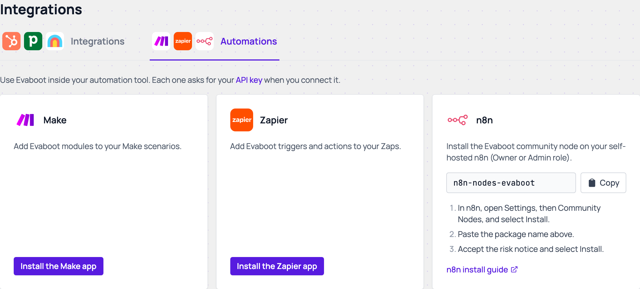 The Automations tab of the Integrations page with the Make app, Zapier app, and n8n community node