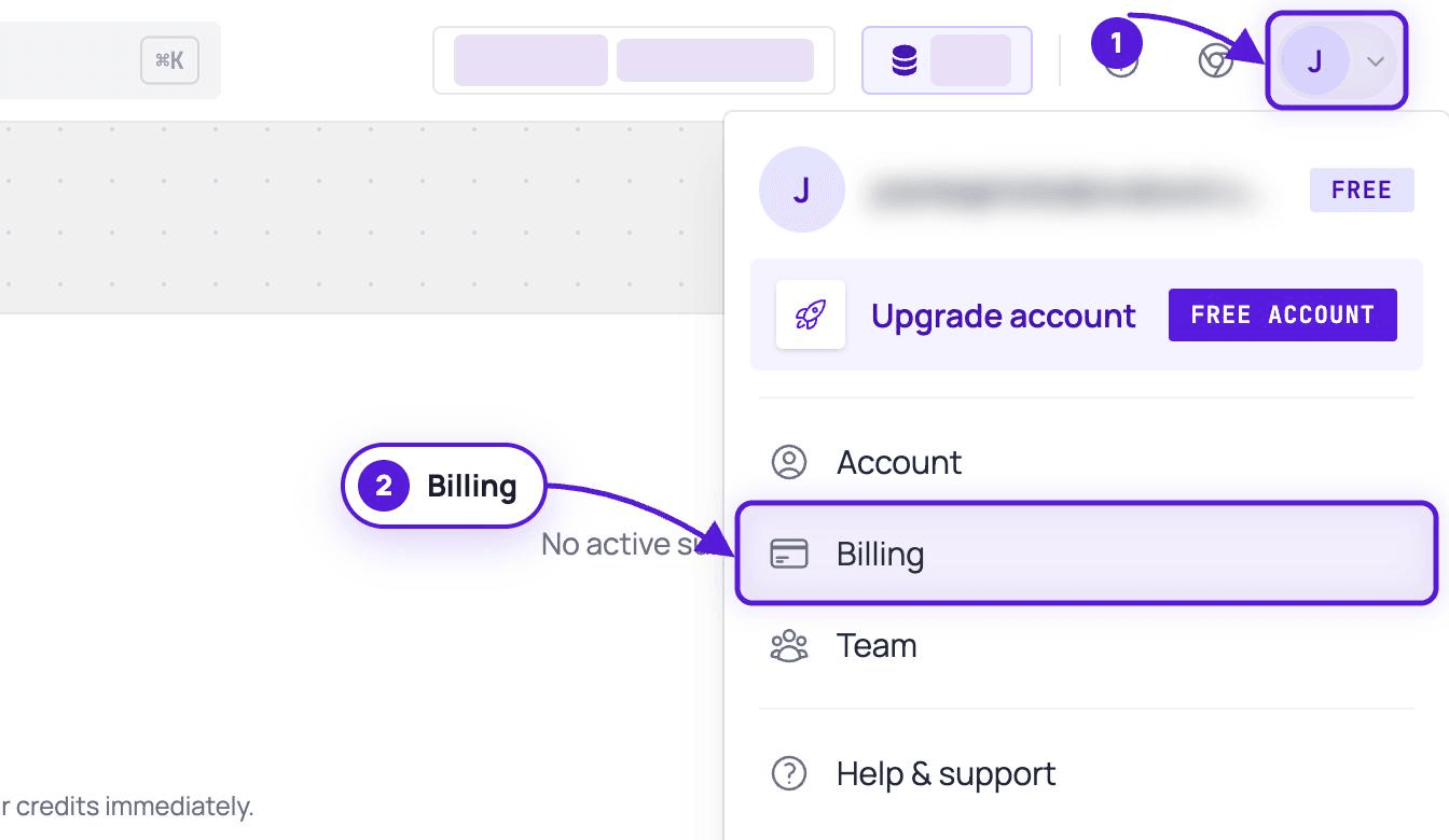 The account menu open at the top right, with Billing highlighted