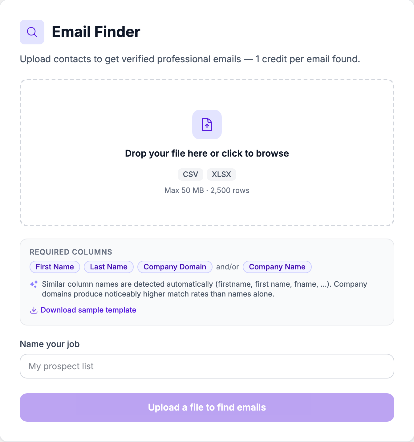The Email Finder page: file upload zone, required columns, and sample template link