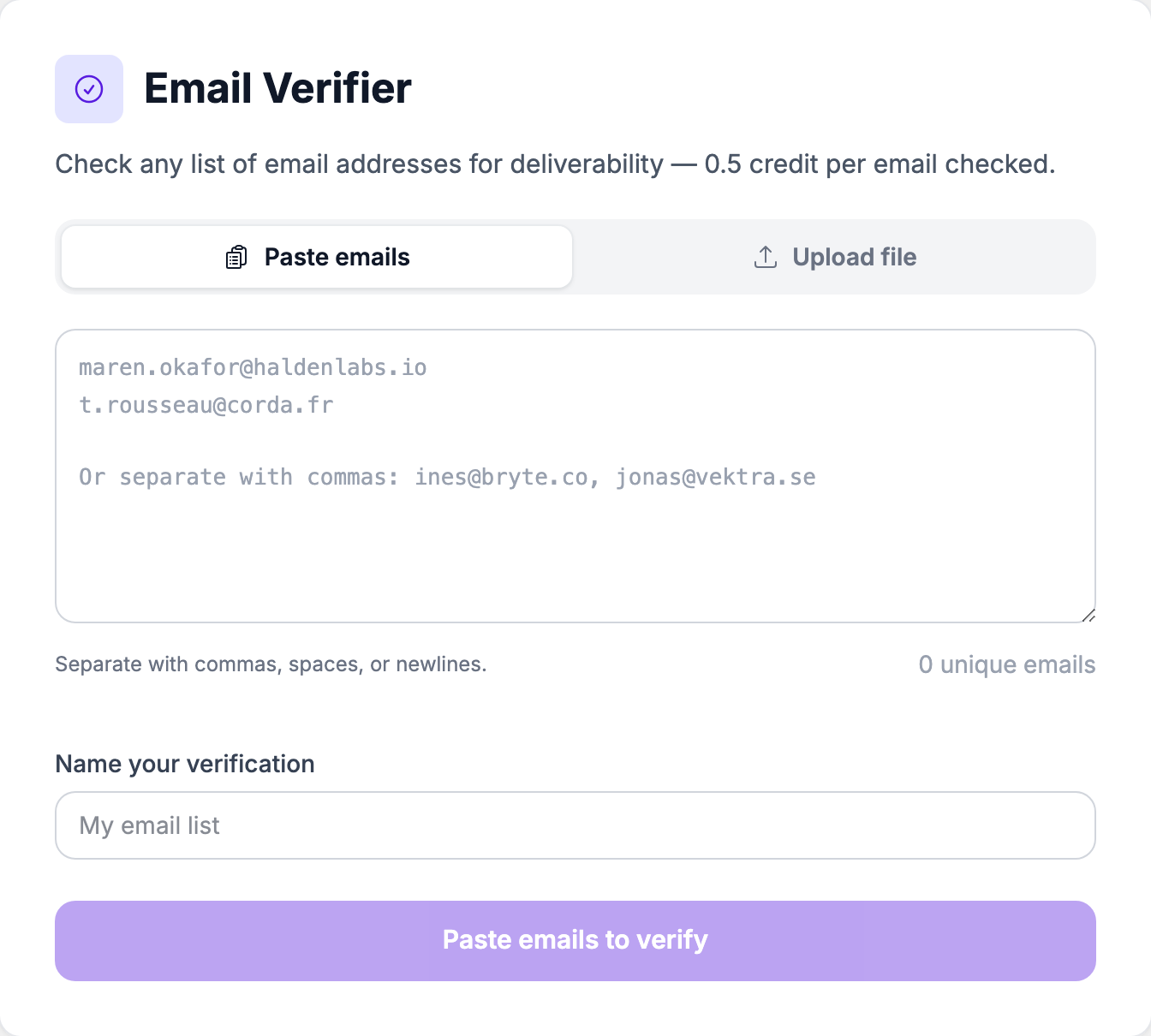 The Email Verifier page with the Paste emails tab active and the unique-email counter