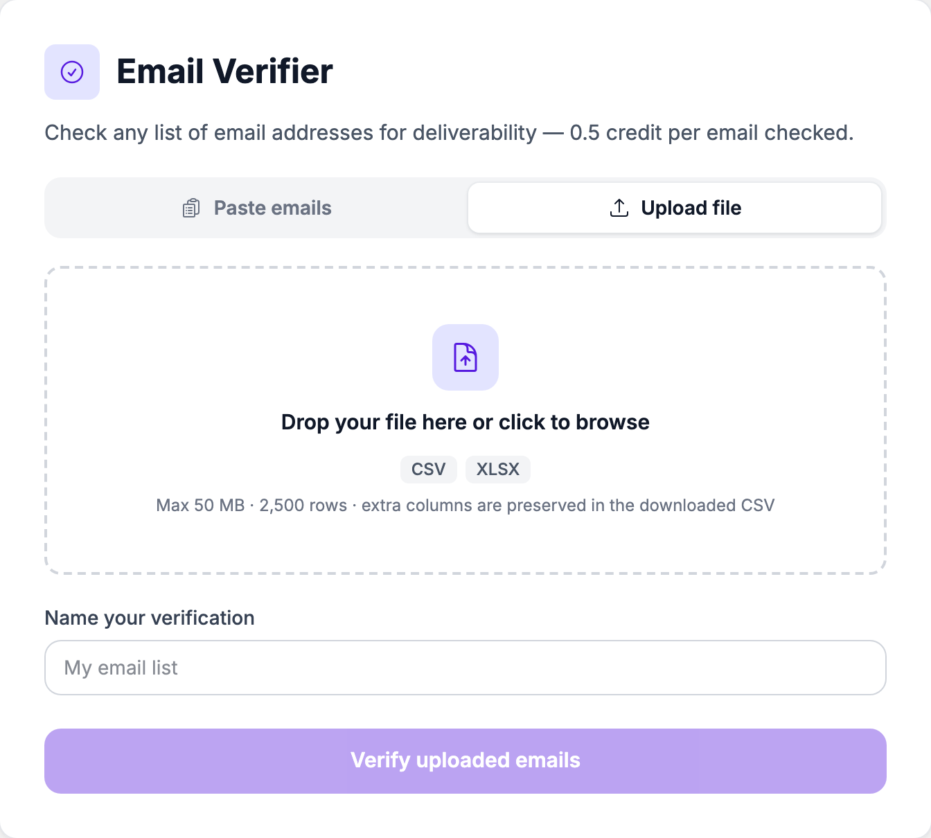 The Upload file tab accepting a CSV or XLSX file of emails