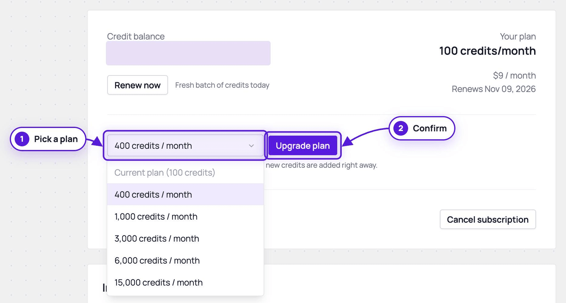 The Billing page with the plan selector open, the current plan marked, step 1 on the selector and step 2 on the Upgrade plan button