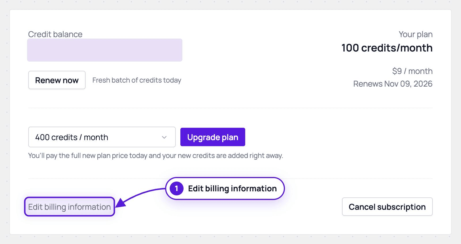 The Billing page with the Edit billing information link highlighted below the plan selector