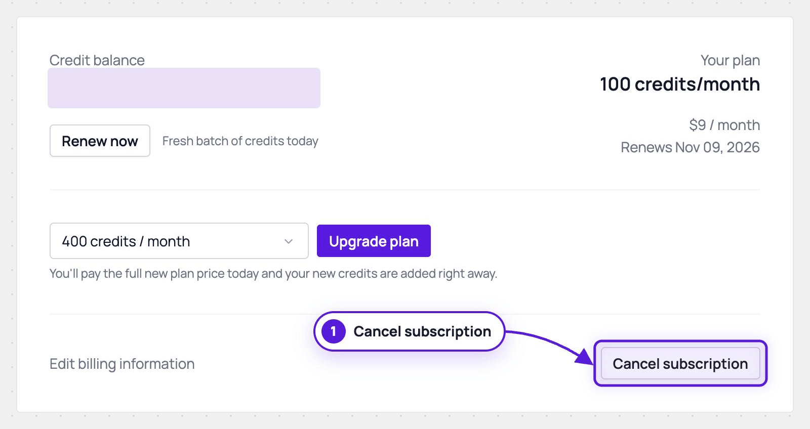 The Billing page with the Cancel subscription button highlighted