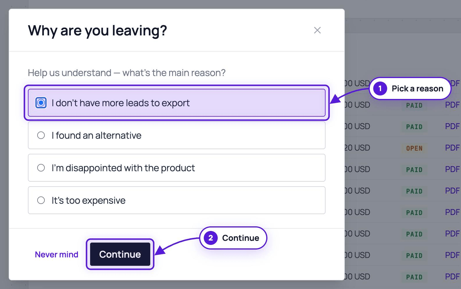 The Why are you leaving dialog with a reason selected as step 1 and the Continue button as step 2