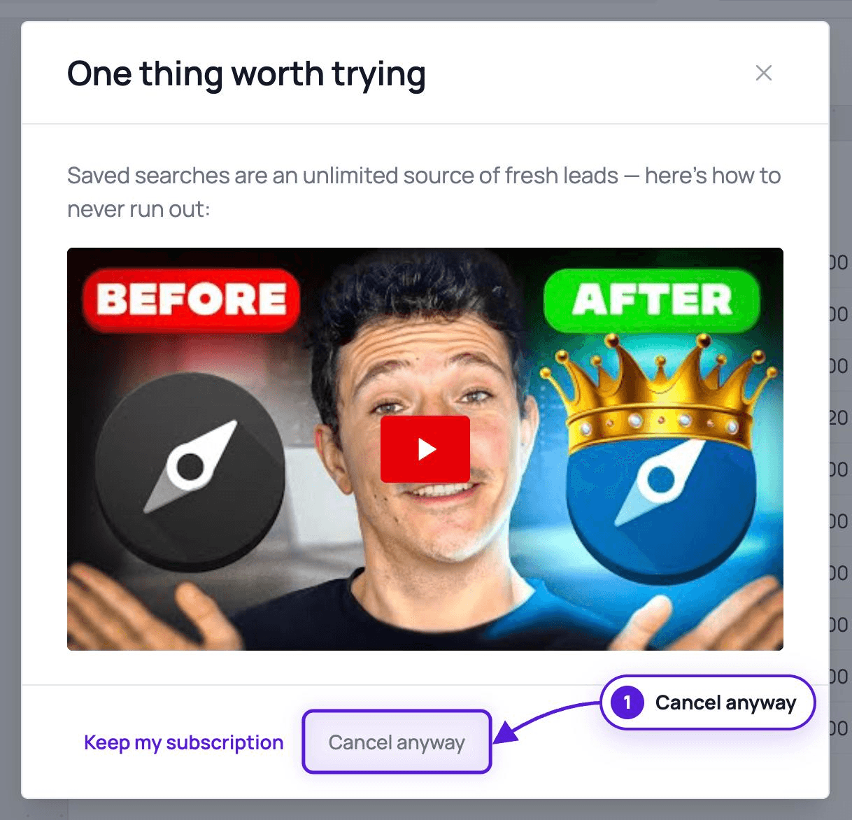 The One thing worth trying screen shown after a cancellation reason, with Cancel anyway highlighted next to Keep my subscription