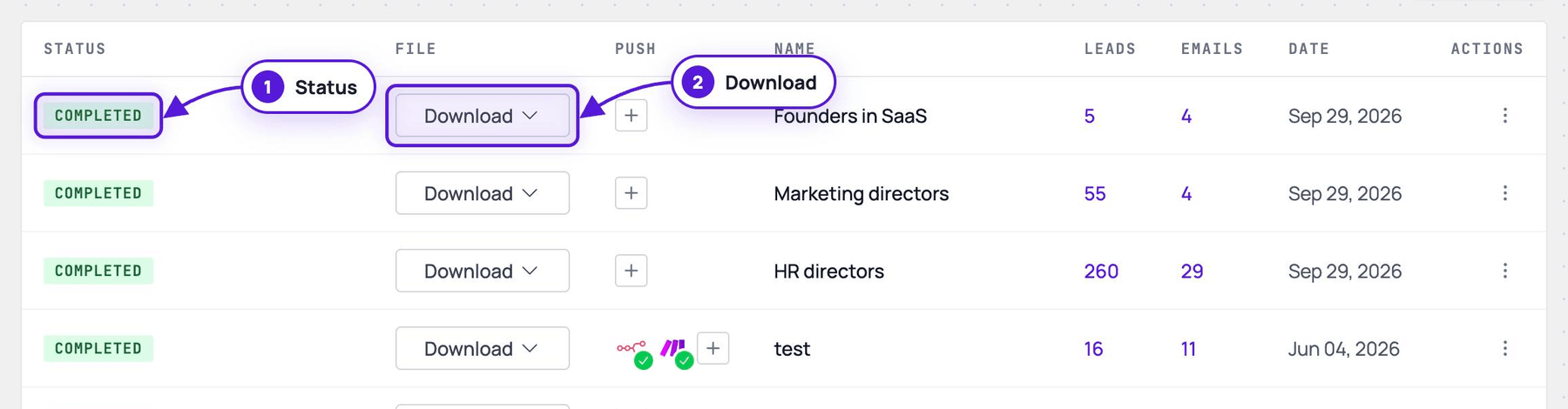 The Evaboot exports list with the status and the Download button of an export highlighted
