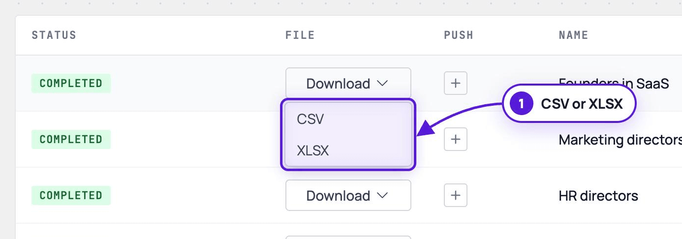 The Download menu of an export open, offering CSV or XLSX
